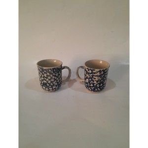 Vtg Coffee Mugs Folk Craft Spongeware by Tienshan Hearts  Set of 2, Blue/White